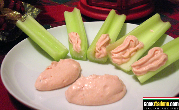 Celery stalks with ham steak cream