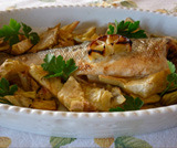 Baked sea bass with artichokes